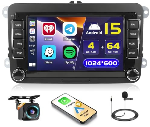 [4+64G] Android Carplay Autoradio med Navi för VW Golf 5 6 Polo Skoda Passat Trådlös Android Auto Radio med 7 Tum Touch Display Bluetooth Auto Radio med WiFi FM/RDS Mikrofon Backkamera