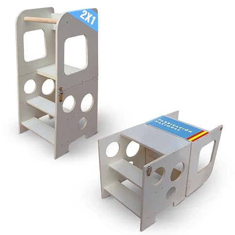 Torre de Aprendizaje Plegable Montessori 2 en 1 - Torre Aprendizaje Multifuncional para Bebés y Niños Convertible en Taburete y Mesa Infantil – Torre Montessori de Madera Natural Fabricada en España