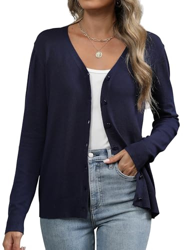 Famrrifuu Cardigan Donna con Bottone Leggero Maniche Lunghe Aperto Giacca Elegante Casual Cardigan in Maglia, Blu, L