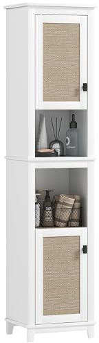 HOMCOM Columna de Baño con 2 Puertas con Frontal de Ratán Armario Alto de Baño Boho con Estantes Ajustables y 2 Compartimentos 40x30x167,5 cm Blanco