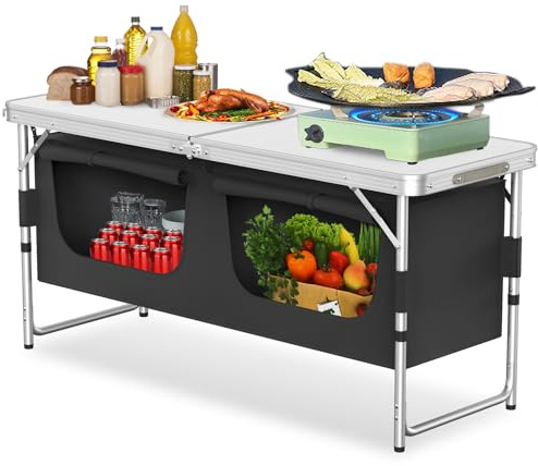 NAIZY Cocina de camping 120 x 47 x 62 cm, armario de camping plegable con tablero de densidad media con tablero de densidad media con tejido de aluminio y Oxford, modelo E