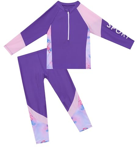 Girls Long Sleeve Swim Shirts uv Protection with Pants Two Piece Rash Guard Bathing Suit Swimwear 3-4Years Purple