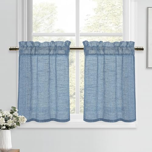 DWCN Blå fönstergardiner, moderna gardiner, linneutseende, kort gardin, halvtransparent, 2 stycken, H 60 x 90 cm, fönstergardiner för köksgardiner, lantställe, skåpgardin, vardagsrum, bistrogardin