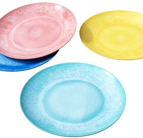Darthome Set of 4 Colourful Mix Outdoor Dinner Plates 25x25cm Melamine Multi Picnic Garden Dining