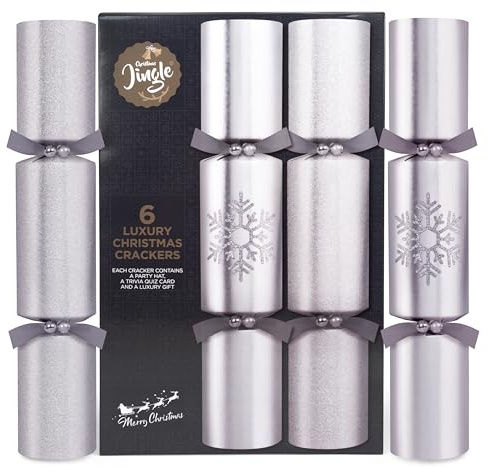 abeec Silver Luxury Christmas Crackers – 6 Large 14 Festive Crackers With Hats, Trivia Quiz Cards And Practical Gifts – Glitter Silver Finish For Elegant Christmas Celebrations