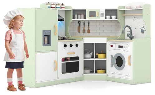 Costzon Corner Kids Kitchen Playset, Wooden Play Kitchen w/Sounds & Lights, Washing Machine, Range Hood, Ice Maker, Microwave, Oven, Sink, Pretend Toy Kitchen Set for Toddler, Gift for Boys Girls