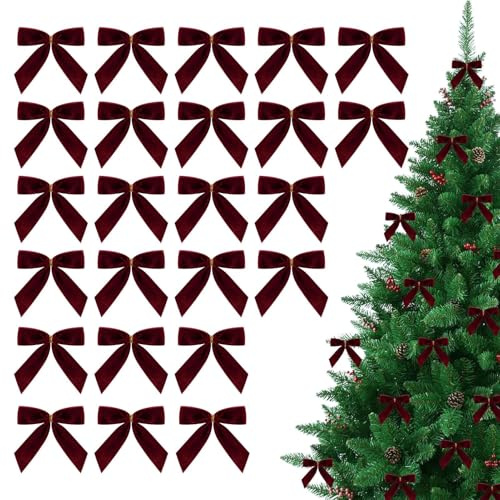 BommFu Lot de 24 Nœuds en Velours pour Sapin De Noël, Nœuds en Velours Bordeaux pour Sapin De Noël, Décorations De Fêtes pour Guirlandes, Mariages, Fêtes, Sachets De Bonbons, Porte D'Entrée