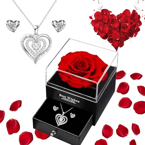 Ruiaqer Evig ros presentförpackning för kvinnor, evig ros med 925 silver, halsband, örhängen, smycken, födelsedagspresent, dam, evig gåva, par, mamma, alla hjärtans dag, mors dag