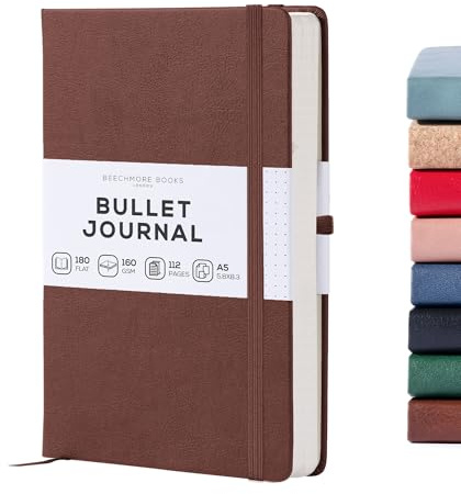 BEECHMORE BOOKS A5 Dotted Journal – 160gsm Thick Paper No-Bleed Bullet Notebook – Hardcover Dot Grid Logbook with Presentation Gift Box – Vegan Leather Sketchbook for Artists & Professionals