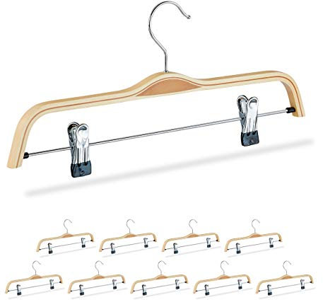 Relaxdays 10 x Hosenbügel Holz, verstellbare & gummierte Clips, 360° drehbarer Haken, Kleiderbügel, 37cm breit, Klemmbügel, Natur