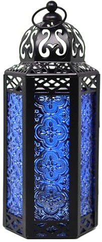 VELA LANTERNS Moroccan Candle Lantern Decorative Candle Holder Lamp for Indoor Outdoor, Ramadan, Home Decor, Patio, Weddings, Black Metal, Cobalt Blue Glass, Medium Lantern