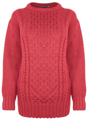 Generation Fashion New Ladies Women Aran Knit Long Sleeve Crew Neck Knitted Cable Jumper Sweater Pullover Top 8-30 (Pomegranate Red, 16-18)