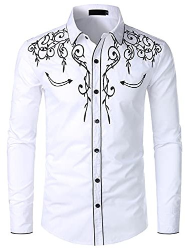 NW Chemise de cowboy élégante brodée à manches longues pour homme Coupe ajustée Style western, blanc, XL