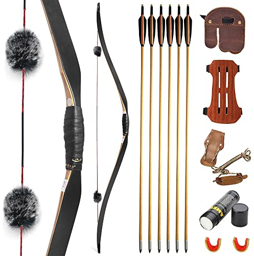 HNZMDY 58 Zoll Traditioneller Langbogen Handgefertigter 15-50lbs Bogenschießen Holzbogen Jagdbogen Horse Bogen mit Holzpfeilen für Rechte und Linke Hand Bögen für Erwachsene Teenager (40lbs)