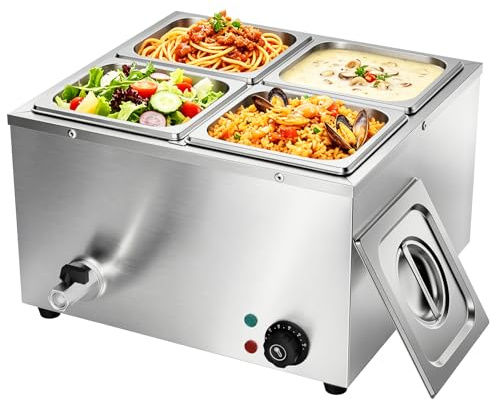 TAIMIKO Scaldavivande professionale bagnomaria elettrico per buffet in acciaio inossidabile da 1500W, 220V, dotato di 4 ciotole 1/6
