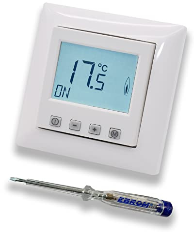 Halmburger Digitales Raumthermostat Raumtemperaturregler ERD-55rg DIGITAL in Busch Jäger Balance SI alpinweiß, 1-Fach Rahmen + EBROM Phasenprüfer zur Montage des Geräts ERD-55 (rg) Fußbodenheizung