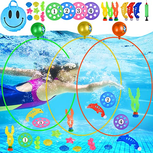 faburo 23pcs Jouets de Plongée, Jeux de Piscine pour Enfant, Jouets de Plongée pour Piscine d'été pour Enfant inclure Anneaux de Plongée, Soucoupe de Plongée, Diamant de Plongée, Dauphin, Algues etc