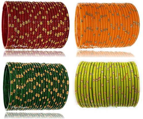 PRIYA_KANGAN Exotic Beautiful Zari Dotted Pattern Indian Traditional Glass Bangles (Pack of 96, O Red, Haldi, O Green & Parrot, Small), Glass