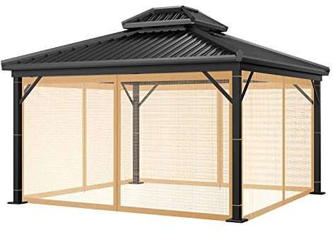 Pavillon, Moskitonetz, Outdoor-Pavillon-Netz, Ersatz, universal, 4 Paneele, Seitenwände mit Reißverschluss, wasserdichtes Moskitonetz, 3 x 3 m, Braun