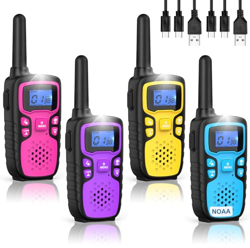Wishouse Walkie Talkies for Kids Rechargeable Long Range,Xmas Birthday Gift for 5 6 7 8 9 10 11 12 Year Old Boys Girls,Hiking Gear Camping Games with NOAA,SOS Siren,Lamp,Lanyards,Easy to Use,4 Pack