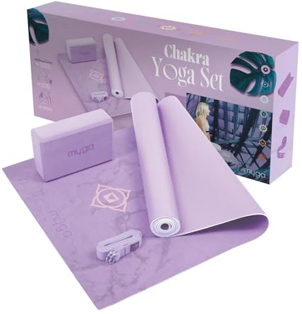 Myga Yoga Starter Kit | Komplettes Set mit Yogamatte, Yogablock & Gurt | rutschfest & Unterstützend | Ideal für Anfänger & Zuhause sowie Reisen | Fliederfarbenes Chakra Design