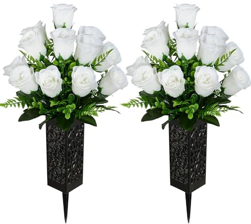 Kukooka Artificial Cemetery Flowers, Grave Memorial Flowers, Set of 2 Artificial Rose Bouquet with Vase for Cemetery Headstones Gravesites Decoration (White)