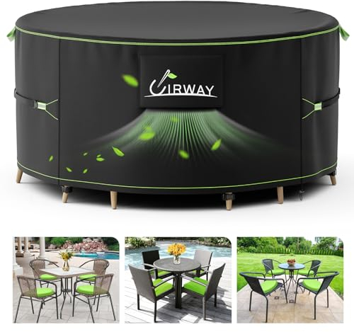UIRWAY Gartenmöbel Abdeckung, Ø 130 x 71 cm Rund Schutzhülle Abdeckplane, 420D Oxford Abdeckhaube Rund Gartentisch mit Belüftungsöffnungen und reflektierenden Streifen