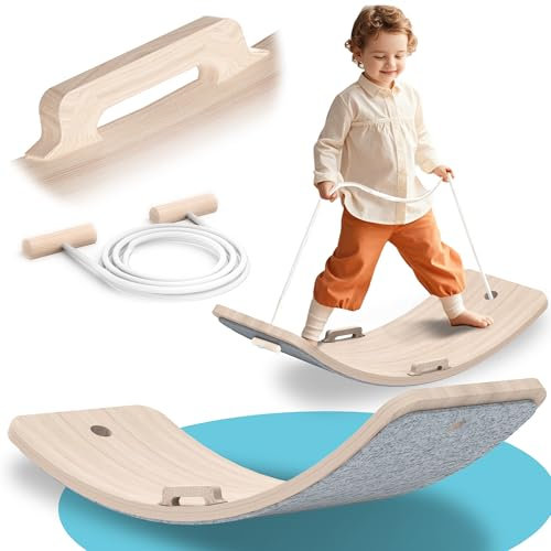 LGMCF Balance Board Kinder Holz - 80x30CM Wobbel Board für Kinder Mit Handläufe und Hilfsseil - Montessori Spielzeug für Balancieren ab 3 Jahre - Geprüfte Hochwertiges Balancierbrett