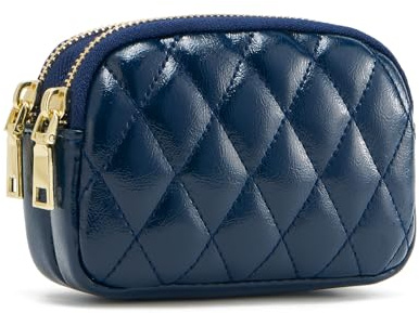 QIUTIMIY Women Artificial Artificial Leather Small Purse Pouch Cash Mini Coin Wallet Double Zipper Pocket with Keychain(Quilted Blue)