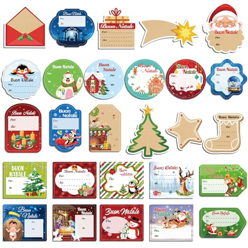 DPKOW 135pcs Segna Nomi Etichette Adesive Natalizie in Italiano, Personalizzato Adesivi Natalizi Pacchetti Regali Pacchi Tag Carta, Buon Natale Etichette Stickers per Natalizi Biglietti, Varie Forme