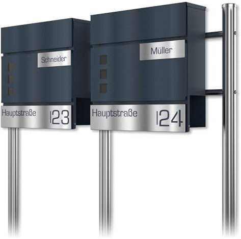 Graviers Design boîte aux Lettres Double en Anthracite RAL 7016 avec Pied - fenêtre personnalisée en Acier Inoxydable nom Rue numéro de Maison Gravure au Laser avec Serrure