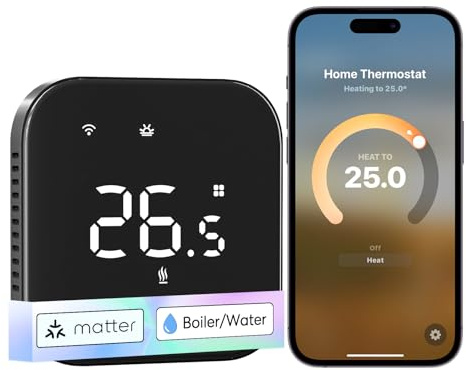 Meross Termostato Calefaccion WiFi Matter, Termostato WiFi Caldera Gas Condensación, Compatible con HomeKit, Alexa Google Siri, Sensor Externo, Detección Ventana Abierta, Bajo Consumo Programable