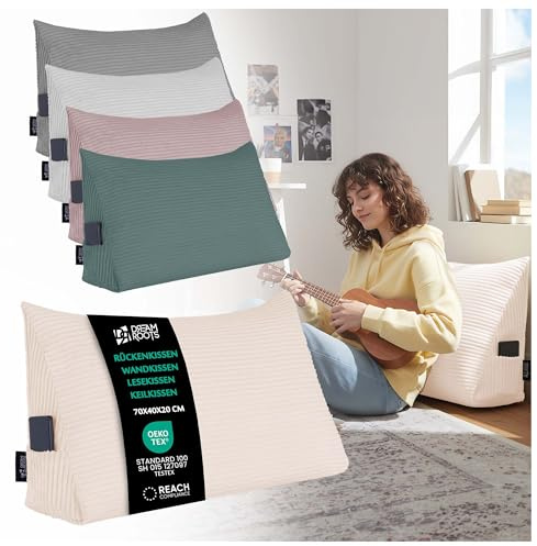 DreamRoots Cuscino Schienale per Letto, Testata e Divano - Cuscino da Lettura Triangolare Testiera Letto Matrimoniale, 70x40x20 cm Velluto a Coste 380 g/m², Fodera Amovibile e Lavabile Crema