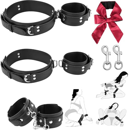 BDSM Sex Bondage Restraints Kit Sex Toy, 3 in 1 Wrist Thigh and Ankle Straps, Leather Bed Restraints with Adjustable Leg Straps Handcuffs & Blindfolds, Adult Sex Toys for Couples Women Beginner