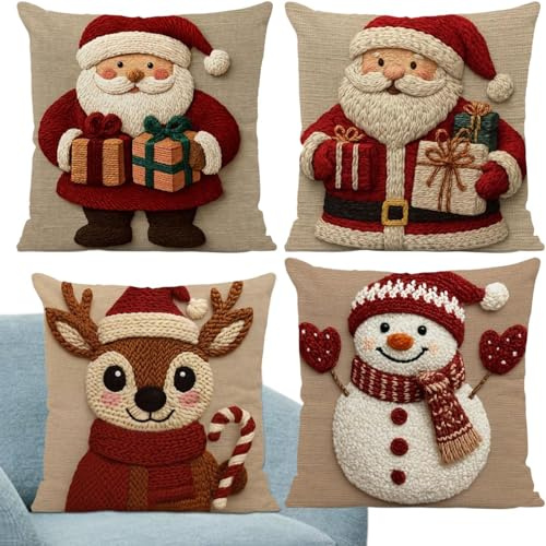 HohuzSruk 4 fundas de almohada de lino de 45 x 45 cm, con estampado 3D bordado de imitación, funda de almohada de Papá Noel, fundas de cojín de Navidad con reno, muñeco de nieve