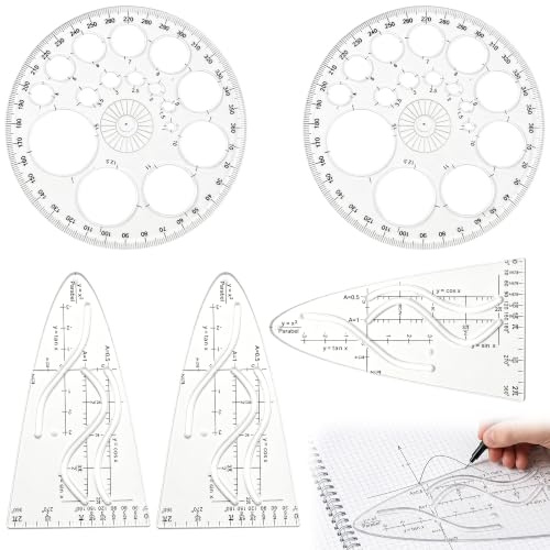 Lot de 5 règles de dessin mathématiques - Gabarit parabolique - Règle | Pochoirs de dessin mathématiques : 3 parables, 2 règles circulaires, gabarits parabels mathématiques