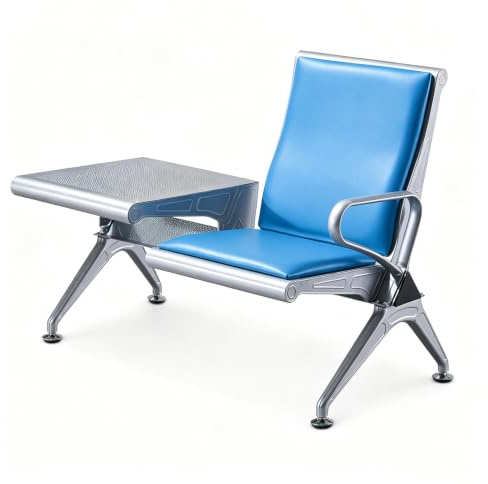 Väntrumsstol med Sidobord, Ergonomisk Receptionstol | Hög Rygg och Premium Läderkudde, Robust Besöksstol i Metall för Flygplats, Kontor, Sjukhus, Lobby och Salong(Blue)