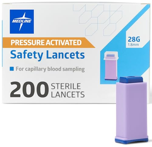 Medline Sterile Safety Lancets, Pressure Activation, Blood Glucose Testing, Controlled Penetration, 28G X 1.8 Mm, 200 Count