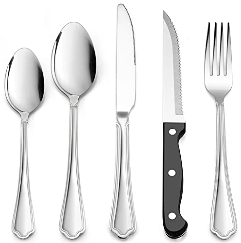 30 Piece Cutlery Set with Steak Knives, Homikit Stainless Steel Flatware Silverware Sets Service for 6, Scalloped Edge Tableware Included Forks Knives Spoons, Mirror Polished, Dishwasher Safe