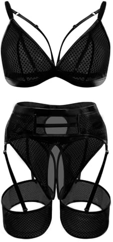 popiv Women Sexy Lingerie Set Cutout Bra and Panty Sets Garter Lingerie 4 Piece Black