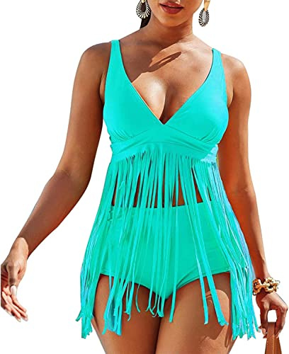 chuangminghangqi Costumi Donna Mare Due Pezzi Push up Costume da Bagno Tankini Vita Alta con Frange Bikini con Top a V con Imbottitura e Pantaloncini Corti(Turchese,XXL)