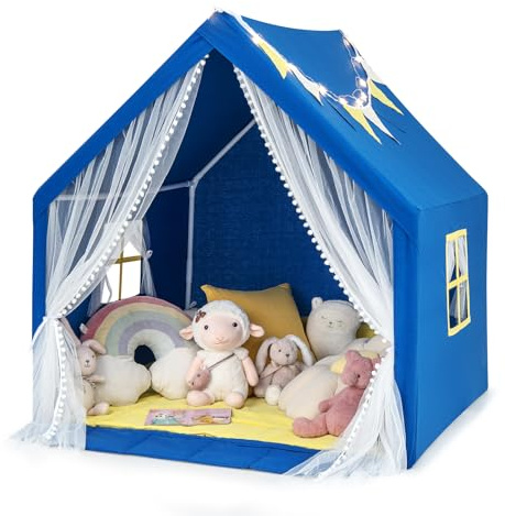 COSTWAY Tienda de Campaña Infantil de Juego, Casita para Niños con Alfombra de Algodón Lavable, Luces de Estrellas, Ventanas, Tienda de Juego de Fantasía para Niños, 122 x 105 x 125 CM (Azul)