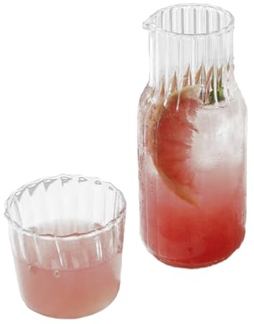 MINGZHE Jarra Transparente con Taza, Jarra de Agua Nocturna con Vaso, Dispensador de Enjuague Bucal de Vidrio Transparente, Jarra Acanalada, Cristalería para Beber(17cm/6.7in-Transparente)