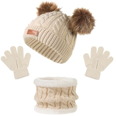 Grantop Set Invernale per Bambini - Sciarpa, Guanti Rotondi, Cappello Con Doppio Pompon - Caldo Berretto per 1-5 Anni, Beige, 2