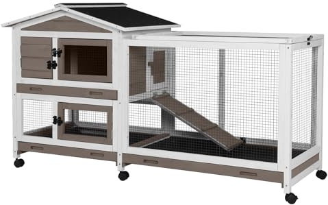 Aivituvin Rabbit Hutch 62 Rabbit Cage Indoor Outdoor Chicken Coop Guinea Pig Cage on Wheels Bunny Cage with 3 Deep No Leakage Pull Out Tray,Waterproof Roof (Brown)