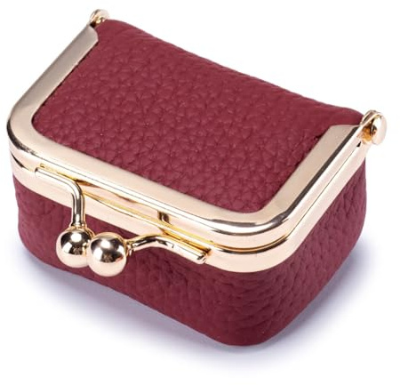 GreatRise Mini joyero con cierre de beso, de piel, pequeño monedero, monedero, portátil, para anillos, pendientes, collares, monedas, cable de datos, color rojo vino, pequeño
