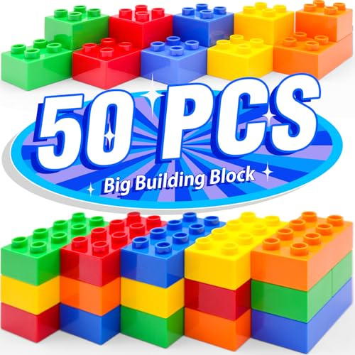 WYSWYG 50 Pcs Jumbo Building Blocks Set (2x2 & 2x4 Bricks) | Large Construction Toys Compatible with Leading Brands | Educational STEM Toddler Gift Ages 2-6