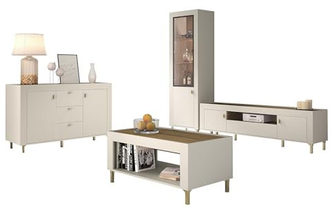 Mirjan24 Wohnzimmer-Set Montik I, Anbauwand, Wohnzimmerschrank, Schrankwand, im Set: Standvitrine, Kommode, TV Schrank, Couchtisch (Cashmere, ohne Beleuchtung)