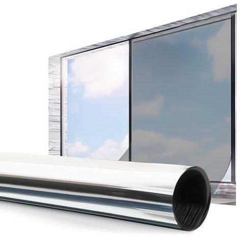 Warmiehomy One Way Window Film Privacy Static Cling,100x100cm Mirror Reflective Sun Blocker Anti-UV Window Tint Film,Heat Control Anti Glare Glass Window Film for Home and Office,Silver