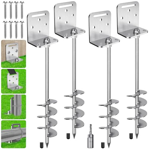 4 Pack 24 Ground Anchors Screw in Trampoline Stakes Anchors Kits 2.7 Wide Spiral Fence Earth Anchor Set with L Bracket Playset Anchor Mobile Home Anchors for Swing Set, Tent, Shed, Canopy, Carport